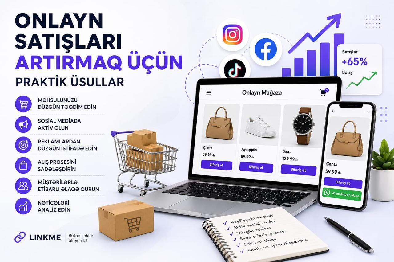 Onlayn satışları artırmaq üçün praktik üsullar, e-ticarət, SEO, rəqəmsal marketinq və Linkme Onlayn Mağaza haqqında bloq şəkli
